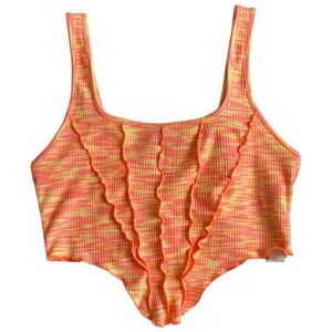 Bershka Neon Pink Yellow Ribbed Asymmetrical Festival Tank – Small